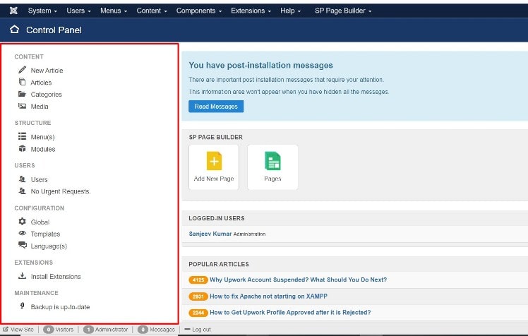 How do I open the Joomla control panel? What is Joomla control panel?